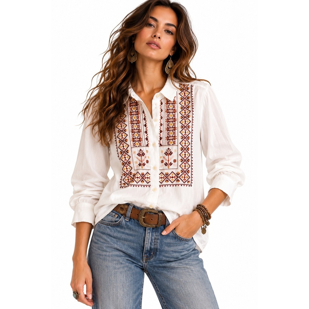 Style & Co White Embroidered Button Down Shirt sz Large Southwestern Aztec